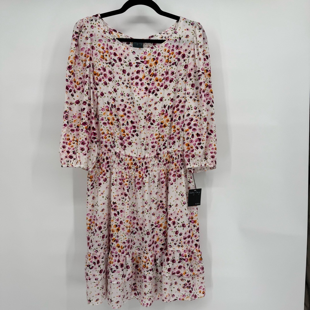 Gabby Skye Floral Smocked Waist‎ Midi Dress Tiered 3/4 Sleeve Feminine Artsy